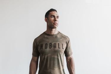 Nobull Men's T Shirts Green Camo | Australia (NG6954)